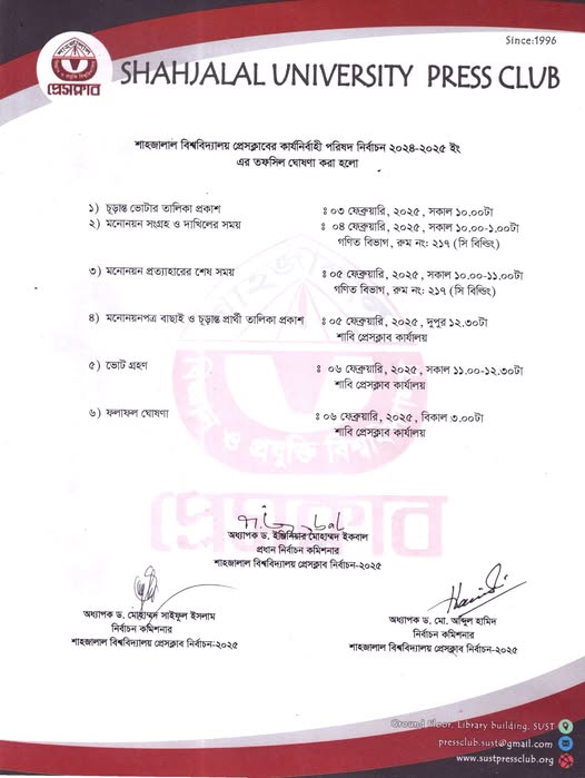 শাহজালাল বিশ্ববিদ্যালয় প্রেসক্লাব নির্বাচন-২০২৫ এর তফসিল ঘোষণা